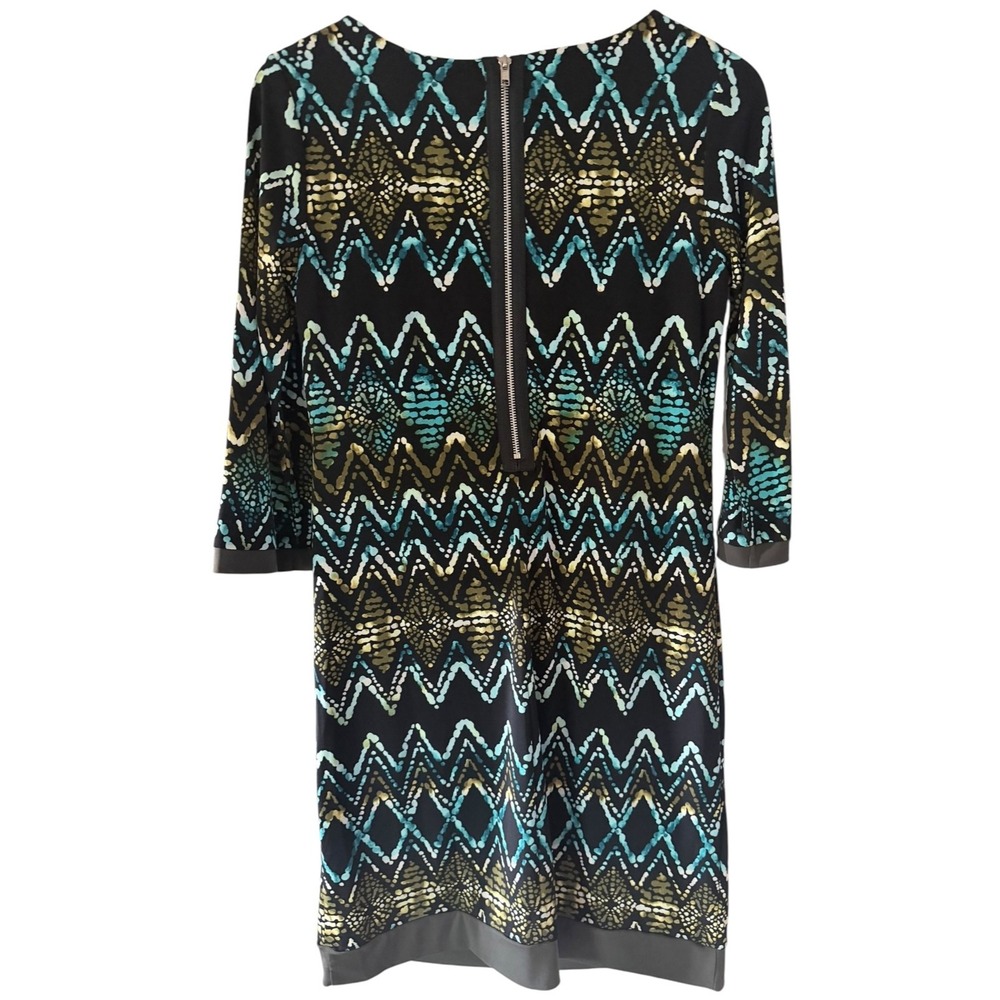 Donna Ricco Womens Size 8 Shift Dress Black Teal Gold Geometric 3/4 Sleeve - Picture 2 of 5